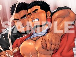 Rule 34 | 2boys, arm hair, bara, bare pectorals, beard, black hair, blush, clothes lift, coach, cover, cover page, cum, dark-skinned male, dark skin, facial hair, forked eyebrows, grin, handjob, jacket, large pectorals, male focus, mature male, multiple boys, muscular, muscular male, nipple stimulation, nipple tweak, nipples, novel illustration, official art, open clothes, open jacket, original, out-of-frame censoring, pectorals, projectile cum, red jacket, sample watermark, second-party source, shirai mizuto, shirt lift, short hair, smile, spiked hair, teacher, terujirou (masateruteru), thick eyebrows, track jacket, upper body, veins, veiny arms, watermark, whistle, whistle around neck, yaoi