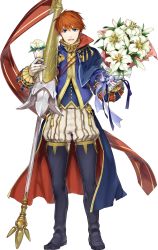Rule 34 | 1boy, artist request, blue eyes, cape, eliwood (fire emblem), eliwood (valentine) (fire emblem), fire emblem, fire emblem: the blazing blade, fire emblem heroes, flower, full body, highres, looking at viewer, male focus, nintendo, official art, polearm, red hair, short hair, smile, solo, spear, transparent background, weapon