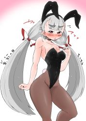Rule 34 | 1girl, alternate costume, alternate hairstyle, animal ears, bare shoulders, blush, bow, braid, breasts, bunny day, choker, cleavage, dated, eyebrows, fake animal ears, fingernails, french braid, fujiwara no mokou, hair bow, hand up, heavy breathing, highres, hip focus, leotard, looking at viewer, low twintails, medium breasts, nail polish, pantyhose, parted lips, pink background, pink nails, playboy bunny, rabbit ears, rabbit tail, red eyes, short eyebrows, silver hair, solo, tail, takeu, thick eyebrows, thighs, touhou, twintails, white background