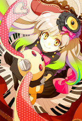 Rule 34 | 1girl, bad id, bad pixiv id, bow, elbow gloves, from above, gloves, gradient hair, hair ornament, instrument, keyboard (instrument), long hair, looking up, mayu (vocaloid), microphone, multicolored hair, polka dot, sigina, smile, solo, stuffed animal, stuffed rabbit, stuffed toy, usano mimi, vintage microphone, vocaloid, yellow eyes