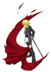 Rule 34 | 00s, 1boy, ahoge, blonde hair, casual, drape, durandal, faceless, faceless male, fate/stay night, fate (series), gilgamesh (fate), hair over eyes, male focus, official alternate costume, smile, solo, sword, weapon