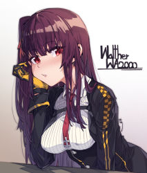 Rule 34 | 1girl, aningay, arm support, black jacket, blush, breasts, brown background, brown hair, character name, collared shirt, commentary, girls&#039; frontline, gloves, gradient background, hair between eyes, head tilt, highres, jacket, leaning forward, long hair, long sleeves, looking at viewer, medium breasts, parted lips, red eyes, ribbed shirt, shirt, solo, very long hair, wa2000 (girls&#039; frontline), white background, white shirt, yellow gloves