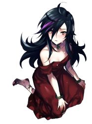 Rule 34 | 1girl, absurdres, bad id, bad pixiv id, bare shoulders, barefoot, black hair, blush, bracelet, choker, copyright request, crying, crying with eyes open, dirty, dirty feet, dress, green eyes, hair between eyes, hands on lap, highres, jewelry, looking at viewer, maruchi, multicolored hair, necklace, off shoulder, parted lips, red dress, simple background, sitting, slit pupils, solo, streaked hair, tears, white background