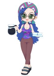 Rule 34 | 1girl, absurdres, black pants, blue hair, brown pants, chibi, coffee pot, commentary, commission, cup, english commentary, full body, glasses, head scarf, highres, holding, holding coffee pot, holding plate, looking at viewer, martinsdmelo, one piece, pants, paula (one piece), plate, ponytail, sandals, smile, tank top, v-shaped eyebrows, white background