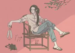 Rule 34 | 2boys, black cat, black hair, blue pants, branch, cat, chair, closed eyes, dated, highres, leaf, long hair, long sleeves, luo xiaohei, luo xiaohei (cat), luo xiaohei zhanji, mugi-co, multiple boys, pants, pink background, plant, ponytail, sandals, shirt, simple background, white shirt, wuxian (the legend of luoxiaohei)