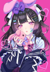 Rule 34 | 1girl, animal ears, bandaid, bandaid on cheek, bandaid on face, black hair, black jacket, blue bow, bow, closed mouth, collared shirt, commentary request, crossed bandaids, dated, fake animal ears, frilled shirt collar, frills, hair bow, hair ornament, hairband, hairclip, heart, highres, holding, holding stuffed toy, jacket, looking at viewer, morikura en, off shoulder, open clothes, open jacket, original, pink background, pink eyes, pink hairband, pixelated, plaid, plaid skirt, purple bow, purple skirt, rabbit ears, shirt, simple background, skirt, solo, stuffed animal, stuffed rabbit, stuffed toy, twitter username, two side up, white bow, white shirt