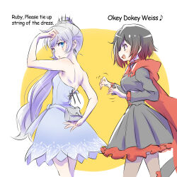 Rule 34 | 2girls, :d, :o, arm up, back, bare shoulders, black dress, black hair, blue eyes, cape, commentary, corset, dress, english text, engrish text, grey eyes, highres, hood, hooded cape, iesupa, looking at another, looking back, multiple girls, open mouth, pantyhose, ponytail, pouch, ranguage, red hood, ruby rose, rwby, scar, scar across eye, scar on face, smile, strapless, strapless dress, weiss schnee, white dress, white hair