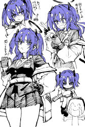 Rule 34 | 1boy, 1girl, black halo, blue archive, doodle sensei (blue archive), greyscale, gun, halo, highres, id card, jacket, jacket partially removed, jazz (fukukan), mechanical halo, monochrome, purple eyes, purple hair, sensei (blue archive), sig mpx, submachine gun, translation request, triangle hair ornament, two-sided fabric, two-sided jacket, weapon, white background, yuuka (blue archive)