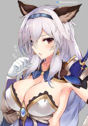 Rule 34 | 10s, 1girl, animal ears, arm guards, armor, armpits, artist name, blush, bow, bowtie, breasts, brown eyes, cleavage, erune, eyes visible through hair, gem, gloves, granblue fantasy, grey background, hair between eyes, hair tubes, twirling hair, hairband, heles, highres, jewelry, large breasts, long hair, looking at viewer, nakatama kyou, parted lips, blue gemstone, shoulder pads, silver hair, simple background, solo, twitter username, upper body, very long hair, white gloves