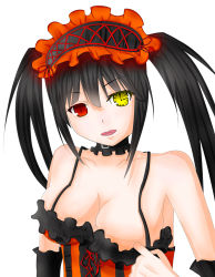 Rule 34 | 10s, 1girl, black hair, breasts, cleavage, clock eyes, convenient censoring, date a live, gothic lolita, hairband, heterochromia, highres, lace, large breasts, looking at viewer, no bra, no nipples, open mouth, red eyes, simple background, smile, solo, tokisaki kurumi, twintails, upper body, white background, yellow eyes