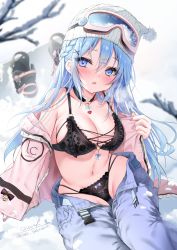 Rule 34 | 1girl, :o, armpit crease, bare shoulders, black bra, black choker, black panties, blue eyes, blue hair, blue pants, blurry, blurry background, blush, bow, bow panties, bra, braid, breasts, choker, cowboy shot, denim, emori miku, eyelashes, goggles, goggles on head, hair between eyes, hair ornament, hairclip, hat, heart, highres, jacket, lace, lace-trimmed bra, lace-trimmed panties, lace trim, large breasts, lingerie, liver city, looking at viewer, midriff, multi-strapped panties, nail polish, navel, off shoulder, open clothes, open fly, open jacket, open mouth, panties, pants, pink jacket, pink nails, skindentation, snow, snowboard, solo, spaghetti strap, stomach, string panties, underwear, white hat, x hair ornament, yoruhoshi owl