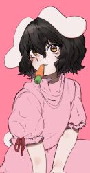 Rule 34 | 1girl, animal ears, black hair, brown eyes, carrot, commentary request, cowboy shot, dress, floppy ears, frilled sleeves, frills, hair between eyes, highres, inaba tewi, long bangs, looking at viewer, mouth hold, nio (meple nio), pink background, pink dress, puffy short sleeves, puffy sleeves, rabbit ears, rabbit girl, rabbit tail, short hair, short sleeves, simple background, solo, tail, touhou