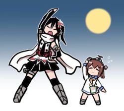 Rule 34 | &gt;:o, 2girls, black hair, brown hair, commentary request, dress, elbow gloves, closed eyes, full moon, gloves, hair ornament, hand on own hip, kantai collection, lowres, moon, multiple girls, necktie, night, sailor dress, scarf, sendai (kancolle), stretching, terrajin, v-shaped eyebrows, yukikaze (kancolle)