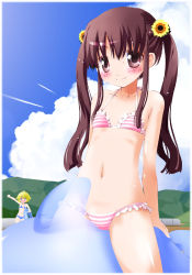 Rule 34 | 2girls, bad id, bad pixiv id, bikini, blush, brown eyes, brown hair, child, cloud, day, flat chest, flower, frilled bikini, frills, highres, inflatable dolphin, inflatable toy, long hair, multiple girls, navel, noto (soranoto), original, riding, sky, striped bikini, striped clothes, sunflower, swimsuit, twintails