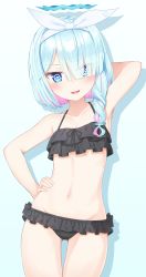 Rule 34 | 1girl, @ @, arm behind head, arm up, armpits, arona (blue archive), bare arms, bare shoulders, bikini, black bikini, blue archive, blue background, blue eyes, blue hair, blush, braid, collarbone, commentary request, drop shadow, eyes visible through hair, frilled bikini, frills, groin, hair over shoulder, hair ribbon, halo, halterneck, hand on own hip, highres, long hair, looking at viewer, multicolored hair, navel, nenosame, parted lips, pink hair, ribbon, single braid, smile, solo, swimsuit, two-tone hair, white ribbon