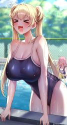 Rule 34 | &gt; &lt;, 2girls, :d, absurdres, blonde hair, blush, breasts, day, fang, highres, huge breasts, impossible clothes, impossible swimsuit, ive (yayoi maka), long hair, medium breasts, multiple girls, one-piece swimsuit, open mouth, original, outdoors, pink hair, pool, poolside, smile, solo focus, sunlight, swimsuit, taut clothes, taut swimsuit, tree, twintails, wet, yayoi maka