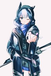 Rule 34 | 1girl, absurdres, arknights, blue eyes, blue hair, blue jacket, candy, closed mouth, double bun, dumenggu, female focus, food, food in mouth, glaucus (arknights), hair bun, hat, highres, jacket, lollipop, looking at viewer, magnetic weapon, multicolored hair, one eye closed, railgun, simple background, solo, streaked hair, thighhighs, white background