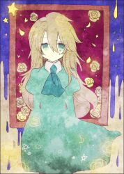 Rule 34 | 1girl, arms behind back, ascot, blonde hair, blue ascot, blue dress, blue eyes, brown hair, crying, crying with eyes open, dot mouth, dress, empty picture frame, flower, ib (kouri), long hair, mary (ib), petals, picture frame, rose, solo, star (symbol), tears, tuba ta, yellow flower, yellow rose