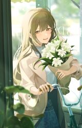 Rule 34 | 1girl, absurdres, ahoge, aqua skirt, bicycle, blurry, blurry foreground, blush, bouquet, brown hair, coat, depth of field, flower, highres, hugging object, idolmaster, idolmaster shiny colors, kuwayama chiyuki, long hair, looking at viewer, odecono3, official alternate costume, shirt, skirt, smile, solo, very long hair, white coat, white shirt
