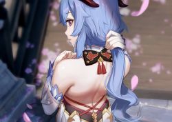 Rule 34 | 1girl, absurdres, back, backless outfit, bare shoulders, black bow, blue hair, bow, bridge, closed mouth, day, detached sleeves, ganyu (genshin impact), genshin impact, halterneck, halterneck, hand in own hair, highres, horns, long hair, long sleeves, looking at viewer, looking back, low ponytail, outdoors, petals, purple eyes, smile, solo, upper body, yizhirenben