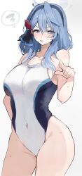 Rule 34 | 1girl, ako (blue archive), alternate costume, blue archive, blue eyes, blue hair, blush, breasts, collarbone, competition swimsuit, covered navel, groin, halo, highres, inusaka, large breasts, looking at viewer, one-piece swimsuit, pointing, pointing at viewer, simple background, solo, spoken squiggle, squiggle, sweatdrop, swimsuit, two-tone one-piece swimsuit, v-shaped eyebrows, white background