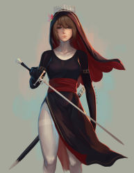 Rule 34 | 1girl, blue eyes, breasts, brown hair, closed mouth, commentary, crown, dress, grey background, habit, hair between eyes, holding, holding sword, holding weapon, koyorin, looking at viewer, medium breasts, minoria, nun, pantyhose, sheath, short hair, signature, sister semilla, solo, standing, sword, thighband pantyhose, weapon, white pantyhose