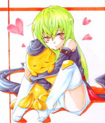 Rule 34 | 00s, 1girl, bare shoulders, c.c., cheese-kun, code geass, detached sleeves, closed eyes, full body, green hair, hug, knees up, long hair, looking at viewer, mitsuki meia, pizza hut, red eyes, solo, thighhighs, very long hair, white thighhighs