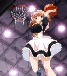 Rule 34 | 10s, ball, basketball, basketball (object), breasts, brown eyes, brown hair, highres, kashii airi, large breasts, maid, non-web source, rou-kyuu-bu!, screencap, shoes, slam dunk (basketball), sneakers, solo, stitched, third-party edit