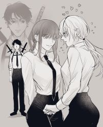 Rule 34 | 1boy, 2girls, aged down, arms behind back, bad id, bad twitter id, black eyes, black hair, black necktie, black pants, blush, braid, braided ponytail, breasts, business suit, chainsaw man, collared shirt, couple, ear piercing, earrings, eyepatch, formal, hair between eyes, high-waist pants, highres, jewelry, kishibe (chainsaw man), kishibe (young) (chainsaw man), light smile, long hair, looking to the side, makima (chainsaw man), medium breasts, monochrome, multiple girls, necktie, nervous, open mouth, pants, piercing, ponytail, quanxi (chainsaw man), ringed eyes, scar, sexually suggestive, shirt, shirt tucked in, short hair, smile, staring, suit, sword, sword behind back, weapon, weapon on back, white shirt, wife and wife, ymann123, yuri