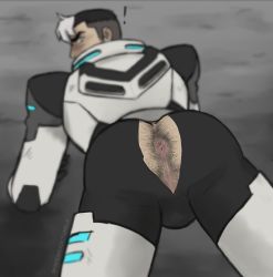 Rule 34 | !, 1boy, anus, ass, bara, blush, body hair, crotch, hyakujuu-ou golion, looking at viewer, male focus, solo, solo focus, spacebaddy, takashi shirogane, torn clothes, uncensored, voltron
