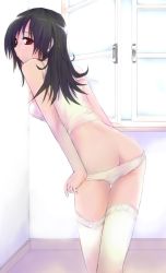 Rule 34 | 1girl, akahoshi kenji, ass, back, black hair, breasts, camisole, from behind, leaning forward, lingerie, long hair, looking back, original, panties, panty pull, red eyes, sideboob, solo, standing, strap slip, thigh gap, thighhighs, thighs, underwear, undressing, white panties, white thighhighs