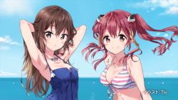 Rule 34 | 10s, 2girls, armpits, arms up, artist name, bikini, blue dress, blue skirt, braid, breasts, brown eyes, brown hair, cleavage, cloud, collarbone, day, dress, end card, front-tie bikini top, front-tie top, hair between eyes, hair ornament, highres, horizon, hoshina natsuki, idol incidents, idol jihen, jewelry, long hair, looking at viewer, medium breasts, multiple girls, necklace, ocean, onimaru shizuka, outdoors, red hair, skirt, small breasts, smile, striped bikini, striped clothes, swimsuit, tiv, twin braids, twintails, upper body, wet, wet hair