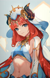 Rule 34 | 1girl, artist name, blue eyes, blunt bangs, breasts, chromatic aberration, circlet, fake horns, genshin impact, gold trim, grey background, harem outfit, highres, horns, jewelry, light smile, long hair, long sleeves, looking at viewer, low twintails, medium breasts, midriff, navel, neck ring, nilou (genshin impact), parted bangs, puffy long sleeves, puffy sleeves, red hair, shengtaki, sideboob, sidelocks, solo, stomach, twintails, upper body, veil, white headdress, white veil