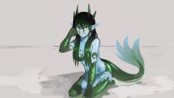 Rule 34 | 1girl, bare shoulders, black hair, blue skin, breasts, cleavage, colored skin, commentary, english commentary, fins, fish girl, fish tail, fusion, glasses, gradient hair, green eyes, green hair, green nails, green tail, grey background, hair between eyes, hair over breasts, hand up, highres, horns, large breasts, long hair, looking at viewer, monster girl, monster girl encyclopedia, multicolored hair, multiple horns, nail polish, nereid (monster girl encyclopedia), nereis, nude, original, paintrfiend, pointy ears, rectangular eyewear, simple background, sitting, smile, solo, tail, tattoo, tharkis, twintails