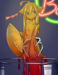 Rule 34 | 1girl, ahoge, akira (meltyhip), blue eyes, breasts, completely nude, cup, expressionless, female focus, food, fruit, hair between eyes, highres, ice, ice cube, mini person, minigirl, monster girl, neon lights, nude, orange (fruit), orange slice, original, signature, slime girl, small breasts, solo
