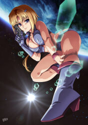 Rule 34 | 1girl, absurdres, blonde hair, boots, bracelet, breasts, cleavage, cosplay, crop top, dirty pair, earth (planet), elbow gloves, ellen aice, flying, glock, gloves, grey shorts, gun, handgun, high heel boots, high heels, highres, holding, holding gun, holding weapon, jewelry, kei (dirty pair), kei (dirty pair) (cosplay), lens flare, long hair, medium breasts, muv-luv, muv-luv unlimited: the day after, parted bangs, planet, popgun (22882502), purple eyes, shorts, single glove, smile, solo, space, weapon