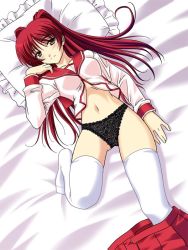 Rule 34 | 00s, 1girl, bed, black panties, blush, bottomless, brown eyes, frilled pillow, frills, kousaka tamaki, lace, lace-trimmed panties, lace trim, lying, masakichi (crossroad), navel, no pants, on back, open clothes, open shirt, panties, pillow, pleated skirt, red hair, school uniform, serafuku, shirt, skirt, smile, solo, thighhighs, to heart (series), to heart 2, underwear, undressing, white thighhighs