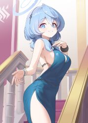 1girl ako_(blue_archive) ako_(dress)_(blue_archive) backless_dress backless_outfit blue_archive blue_dress blue_hair blue_halo breasts cuffs dogee_(ch_dh0408) dress evening_gown halo highres official_alternate_costume sideboob sideless_dress sideless_outfit single_handcuff sleeveless sleeveless_dress solo