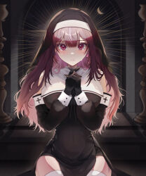 Rule 34 | 1girl, backlighting, black dress, black gloves, black sleeves, blush, breasts, closed mouth, coif, covered navel, crying, crying with eyes open, detached sleeves, dress, earrings, gloves, habit, heart, heart earrings, highres, jewelry, jururu, large breasts, long hair, long sleeves, looking at viewer, multicolored hair, nun, own hands clasped, own hands together, purple eyes, purple hair, single earring, sirorkgk, sleeveless, sleeveless dress, solo, straight-on, streaked hair, tears, thighhighs, virtual youtuber, waktaverse, white thighhighs