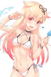 Rule 34 | 1girl, alternate costume, anchor, armpits, bikini, black ribbon, blonde hair, blush, bracelet, breasts, choker, commentary request, cowboy shot, dan (kumadan), fang, food, gradient hair, hair between eyes, hair flaps, hair ornament, hair ribbon, hairclip, halterneck, highleg, highleg bikini, highres, jewelry, kantai collection, large breasts, long hair, looking at viewer, multicolored hair, navel, open mouth, popsicle, red eyes, ribbon, side-tie bikini bottom, simple background, skindentation, smile, solo, star (symbol), stomach, string bikini, swimsuit, very long hair, water, white background, white bikini, yuudachi (kancolle), yuudachi kai ni (kancolle)