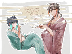 Rule 34 | 2boys, black hair, blue hair, brown hair, closed mouth, collarbone, earrings, english text, genshin impact, genshin krois, gradient hair, grey background, hair between eyes, hands in opposite sleeves, highres, holding, holding smoking pipe, japanese clothes, jewelry, kimono, long hair, long sleeves, looking at viewer, male focus, multicolored hair, multiple boys, ponytail, sidelocks, simple background, single earring, smoke, smoking, smoking pipe, tassel, tassel earrings, trap, venti (genshin impact), yellow eyes, zhongli (genshin impact)