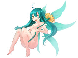 Rule 34 | 1girl, ahoge, bad id, bad pixiv id, barefoot, blush, breasts, censored, convenient censoring, convenient leg, fairy, fairy wings, feet, flower, green hair, highres, mini person, minigirl, nipples, nude, one eye closed, original, small breasts, solo, twintails, wings, wink, yellow eyes, zenn