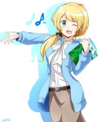 Rule 34 | 1girl, ;d, a.a (aa772), aqua eyes, artist name, bad id, bad pixiv id, belt, belt skirt, blonde hair, blue jacket, book, ellen baker, hair ornament, hair scrunchie, holding, holding book, jacket, long skirt, long sleeves, musical note, new horizon, one eye closed, open mouth, outstretched arm, outstretched hand, ponytail, quaver, scrunchie, shirt, simple background, skirt, smile, solo, white shirt