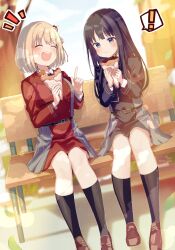 Rule 34 | !, 2girls, :d, :t, ^ ^, absurdres, black dress, black hair, black socks, blonde hair, blue eyes, blush, brown footwear, closed eyes, closed mouth, commentary request, crepe, day, dress, eating, food, food on face, grey dress, hands up, highres, holding, holding food, index finger raised, inoue takina, loafers, long hair, long sleeves, lycoris recoil, lycoris uniform, multiple girls, nishikigi chisato, notice lines, on bench, open mouth, outdoors, pleated dress, red dress, shoes, sitting, smile, socks, sofra, spoken exclamation mark, teeth, tree, two-tone dress, upper teeth only