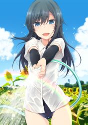 Rule 34 | 10s, 1girl, :d, arm warmers, armpit peek, asashio (kancolle), black hair, blue eyes, blue sky, blurry, cloud, cowboy shot, day, depth of field, dress shirt, flower, hose, kantai collection, long hair, nagami yuu, one-piece swimsuit, open mouth, outdoors, plant, rainbow, see-through, shirt, short sleeves, sky, smile, solo, sparkle, sunflower, swimsuit, swimsuit under clothes, water, wet, wet clothes, wet shirt