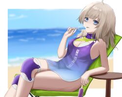 Rule 34 | 1girl, aa-12 (girls&#039; frontline), aa-12 (the sun never rises) (girls&#039; frontline), absurdres, ahoge, bags under eyes, beach, bikini, blue eyes, breasts, candy, chair, cleavage, clothes writing, codename696, crossed legs, eating, food, girls&#039; frontline, grey hair, highres, holding, holding food, holding popsicle, knee pads, lollipop, long hair, looking at viewer, lounge chair, medium breasts, official alternate costume, popsicle, solo, swimsuit, table, white bikini