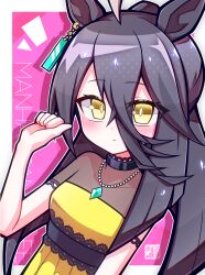 Rule 34 | 1girl, absurdres, ahoge, aijiro83, animal ears, black hair, character name, closed mouth, dress, earrings, hair between eyes, hand up, highres, horse ears, horse girl, jewelry, light blush, long hair, looking at viewer, manhattan cafe (umamusume), multicolored hair, necklace, single earring, solo, two-tone hair, umamusume, white hair, yellow dress