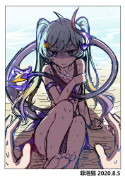 Rule 34 | 1boy, 1girl, 2020, absurdres, artist name, beach, blue eyes, blue hair, captain (honkai impact), fei luo mao, highres, honkai (series), honkai impact 3rd, horns, liliya olenyeva, looking at viewer, on floor, open mouth, outdoors, pov, sand, shadow, single horn, sitting, soles, swimsuit, tail, toes, twintails