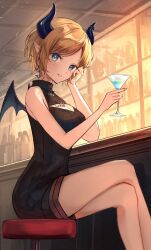 Rule 34 | 1girl, adjusting hair, alcohol, alternate hairstyle, bar (place), bar stool, bare shoulders, black dress, black horns, black sweater, blonde hair, blue eyes, breasts, cleavage, cleavage cutout, closed mouth, clothing cutout, cocktail, cocktail glass, commentary, crossed legs, cup, demon girl, demon horns, demon wings, dress, drink, drinking glass, english commentary, feet out of frame, hands up, highres, holding, holding drink, hololive, horns, indoors, jewelry, large breasts, looking at viewer, necklace, official alternate costume, official alternate hair length, official alternate hairstyle, parted lips, pixie cut, pointy ears, short dress, short hair, sitting, sleeveless, sleeveless dress, sleeveless sweater, sleeveless turtleneck, smile, solo, stool, sweater, sweater dress, swept bangs, turtleneck, turtleneck sweater, virtual youtuber, wings, xyunx, yuzuki choco, yuzuki choco (streetwear)