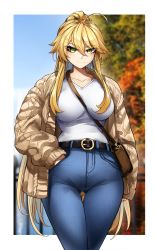 Rule 34 | 1girl, ahoge, artoria pendragon (fate), artoria pendragon (lancer) (fate), bag, belt, between breasts, blonde hair, blush, breasts, casul, collarbone, denim, fate/grand order, fate (series), gluteal fold, green eyes, hand in pocket, handbag, highres, jacket, jeans, large breasts, long hair, pants, shirt, sidelocks, strap between breasts, thigh gap, tight clothes, tight pants, white shirt, wide hips